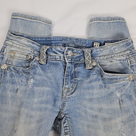 Miss Me factory distressed, rhinestone and embroidered skinny jeans size 27 - Picture 7 of 15